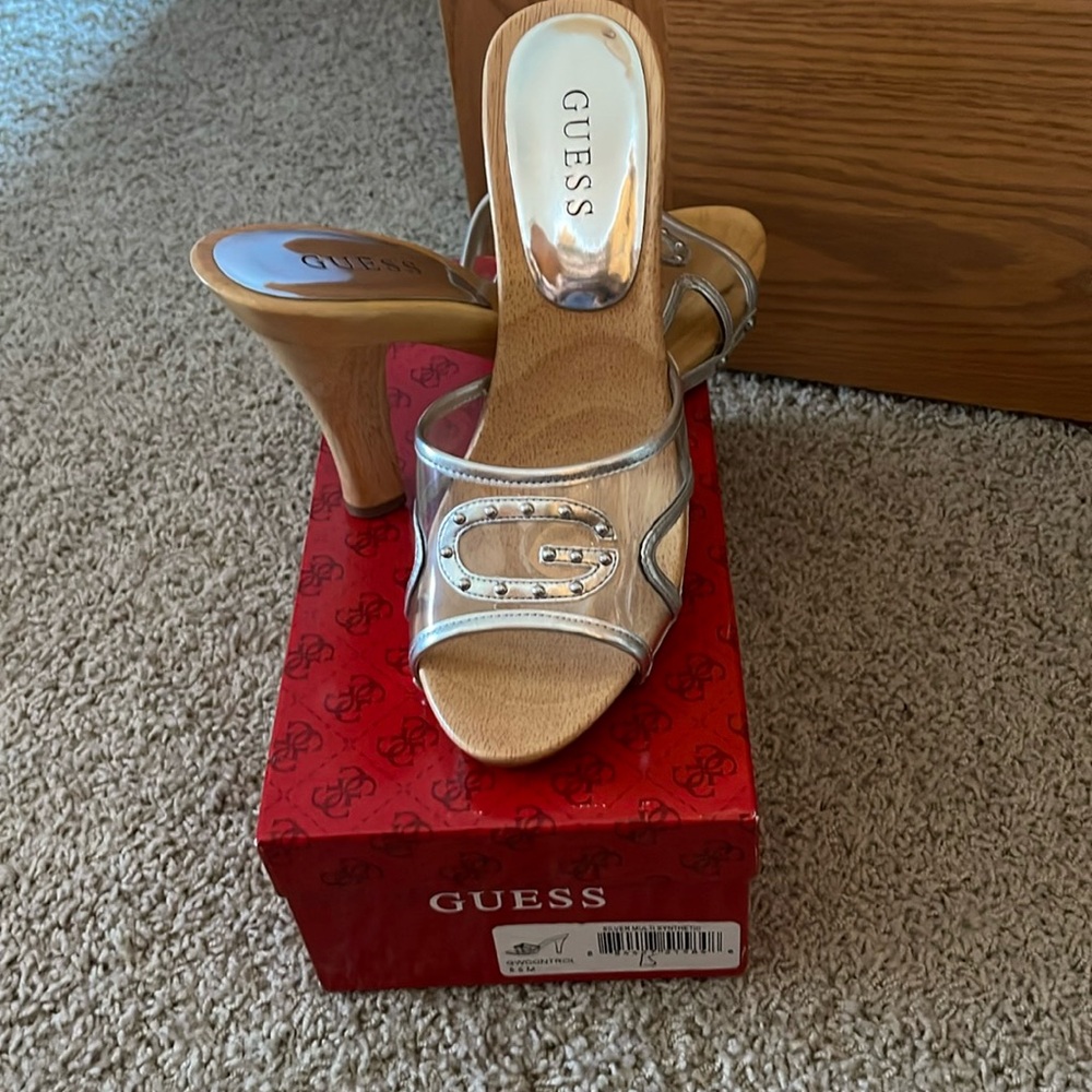 Clear and silver clog guess slip ons